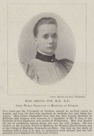 Miss Selina Fox, MB, BS, eerste vrouwelijke afgestudeerde in de geneeskunde van Durham door English Photographer