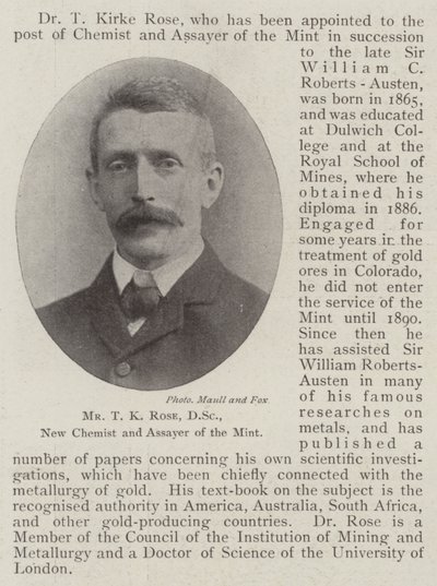 De heer T K Rose, DSc, nieuwe chemicus en assayer van de munt door English Photographer