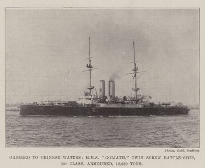 Op weg naar Chinese wateren, HMS Goliath, tweeschroefslagschip, 1e klasse, gepantserd, 12.950 ton door English Photographer