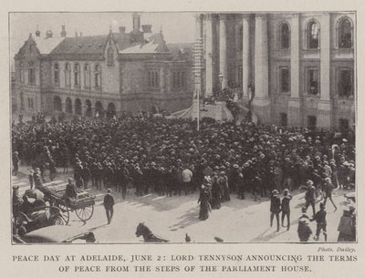 Vredesdag in Adelaide, 2 juni, Lord Tennyson kondigt de Vredesvoorwaarden aan vanaf de Trappen van het Parlementsgebouw door English Photographer