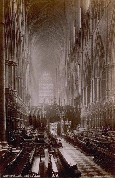 Ansichtkaart met een afbeelding van het koor in Westminster Abbey door English Photographer