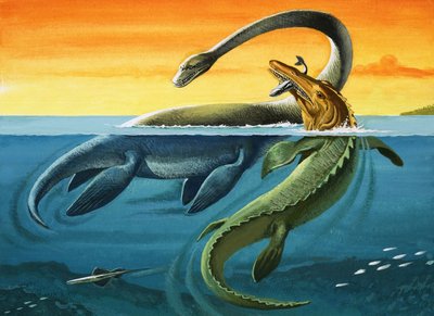 Prehistorische wezens in de oceaan (gouache op papier) door English Photographer