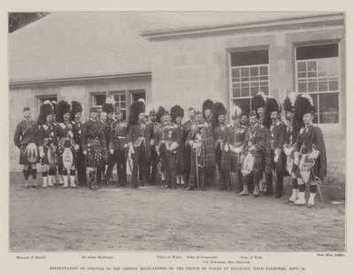 Presentatie van kleuren aan de Gordon Highlanders door de Prins van Wales bij Braikley, nabij Balmoral, 18 september door English Photographer