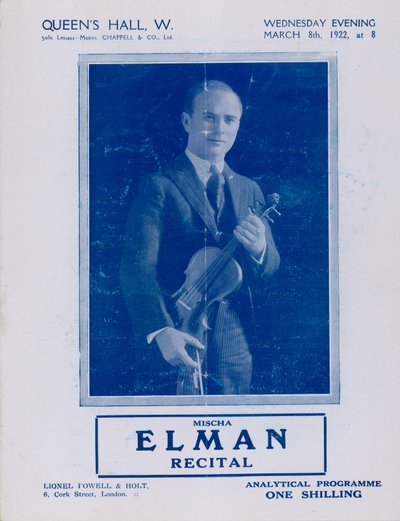 Programma voor Mischa Elman Recital, Queens Hall, op 8 maart 1922 door English Photographer