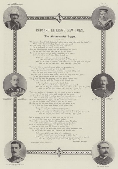Rudyard Kiplings nieuw gedicht, The Absent-minded Beggar door English Photographer
