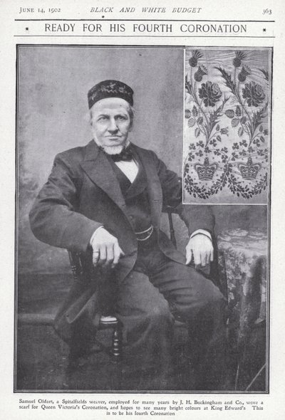 Samuel Oldart, wever uit Spitalfields, Londen, die een sjaal weefde voor de kroning van koningin Victoria door English Photographer