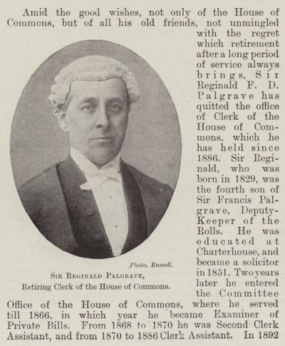 Sir Reginald Palgrave, aftredend griffier van het Lagerhuis door English Photographer