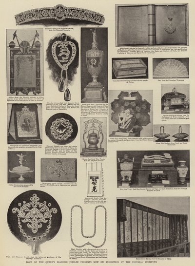 Enkele van de diamanten jubileumgeschenken van de koningin die nu tentoongesteld zijn in het Imperial Institute door English Photographer
