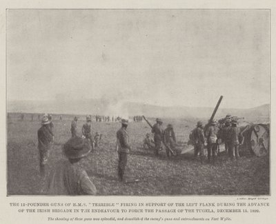 De 12-ponder kanonnen van HMS Terrible vuren ter ondersteuning van de linkerflank tijdens de opmars van de Ierse Brigade in een poging de Tugela over te steken, 15 december 1899 door English Photographer