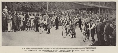 Het breken van het vierentwintig uur durende fietsrecord in Herne Hill, de start door English Photographer