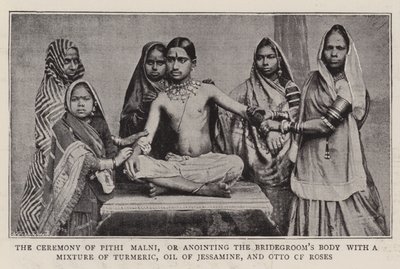 De ceremonie van Pithi Malni, of het zalven van het lichaam van de bruidegom met een mengsel van kurkuma, jasmijnolie en rozenolie door English Photographer