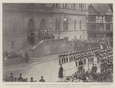 Het Cheshire Regiment laat zijn kleuren achter bij de burgemeester van Chester voor veilige bewaring, het regiment gaat op actieve dienst naar Zuid-Afrika door English Photographer