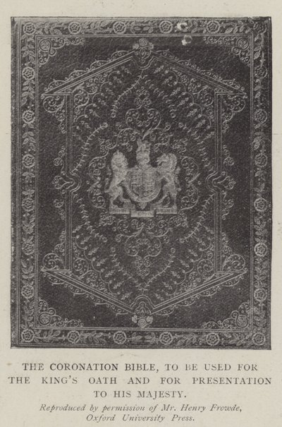 De kroningsbijbel, te gebruiken voor de eed van de koning en voor presentatie aan Zijne Majesteit door English Photographer