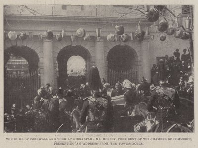 De Hertog van Cornwall en York in Gibraltar, de Heer Mosley, Voorzitter van de Kamer van Koophandel, presenteert een Adres van de Stadsbewoners door English Photographer