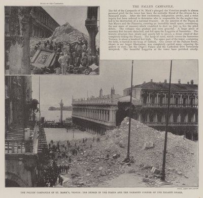De gevallen Campanile van St. Marks, Venetië, het puin op het plein en de beschadigde hoek van het Palazzo Reale door English Photographer