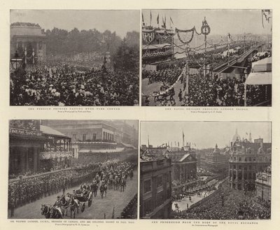 De Buitenlandse Prinsen die Hyde Park Corner Passeren, Sir Wilfrid Laurier, GCMG, Premier van Canada, en Koloniale Begeleiding in Pall Mall, de Marinebrigade die de London Bridge Oversteekt, de Processie vanaf het Dak van de door English Photographer