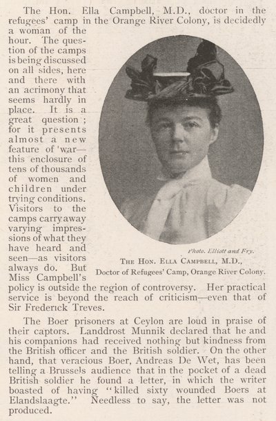 De Eerwaarde Ella Campbell, MD, Dokter van het Vluchtelingenkamp, Orange River Colony door English Photographer