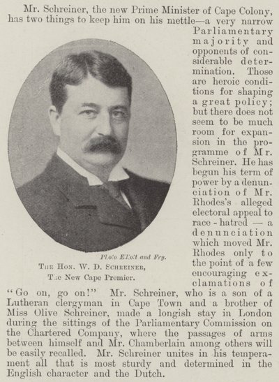 De eerwaarde W D Schreiner, de nieuwe premier van Kaap door English Photographer