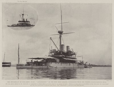 De Onzichtbaarheid van Oorlogsschepen, HMS Devastation in de Nieuwe Grijze Kleur vergeleken met de Vroegere Zwartgeverfde Romp door English Photographer