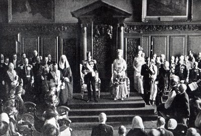De koning doet een beroep op vrede aan het volk van Ierland in het stadhuis, illustratie uit 