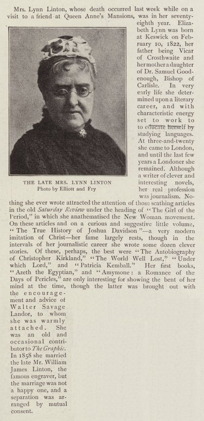 De overleden Mrs Lynn Linton door English Photographer