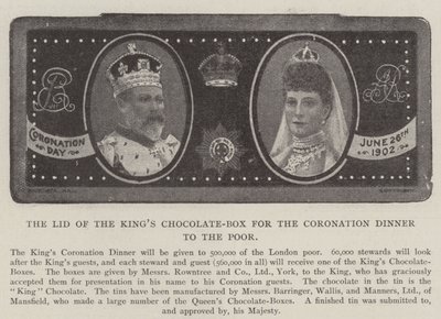 Het deksel van de chocoladedoos van de koning voor het kroningsdiner voor de armen door English Photographer