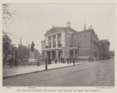 Het Nationale Theater, Christiania, met standbeelden van Ibsen en Bjornson door English Photographer
