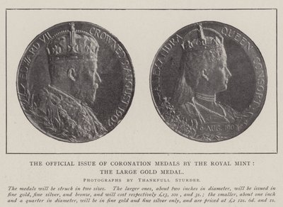 De officiële uitgifte van kroningsmedailles door de Koninklijke Munt, de grote gouden medaille door English Photographer