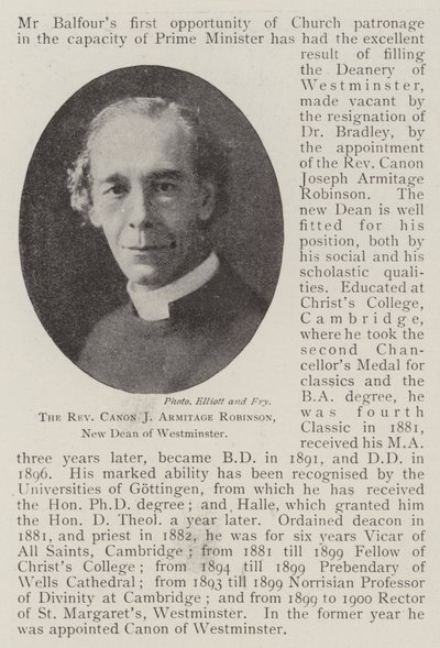 De eerwaarde kanunnik J Armitage Robinson, nieuwe deken van Westminster door English Photographer