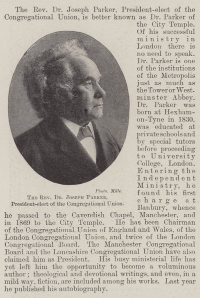 De Eerwaarde Dr. Joseph Parker, aankomend president van de Congregational Union door English Photographer