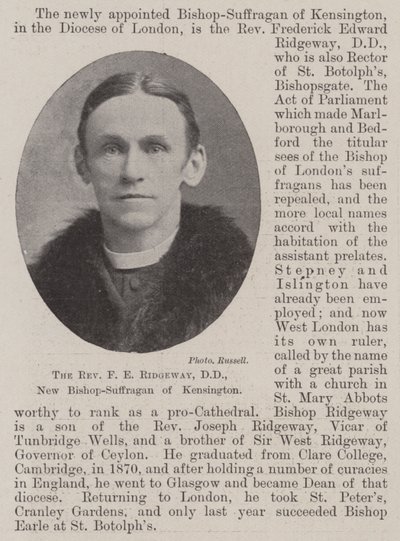 De eerwaarde F E Ridgeway, DD, nieuwe bisschop-suffragaan van Kensington door English Photographer