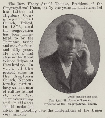 De eerwaarde H Arnold Thomas, voorzitter van de Congregational Union door English Photographer