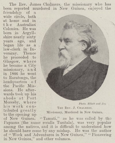 De eerwaarde J Chalmers, missionaris, vermoord in Nieuw-Guinea, april 1901 door English Photographer