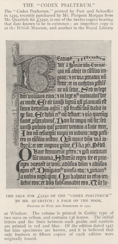 De verkoop voor £5250 van de Codex Psalterum door Mr Quaritch, een pagina van het boek door English Photographer