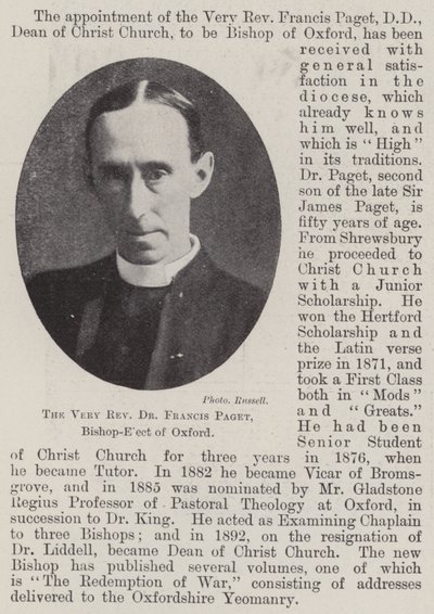 De zeer eerwaarde Dr Francis Paget, bisschop-elect van Oxford door English Photographer