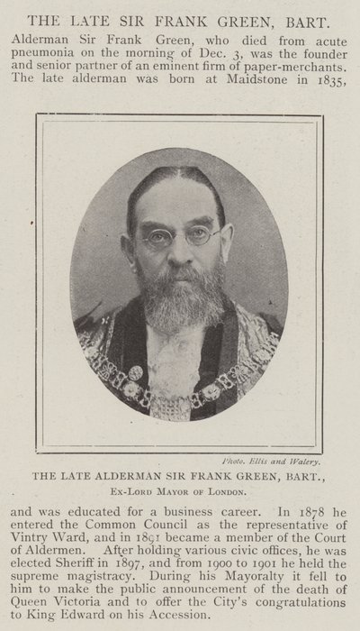 De overleden Wethouder Sir Frank Green, Baronet, Voormalig Burgemeester van Londen door English Photographer
