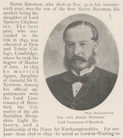 De overleden Baron Bateman, Lord Lieutenant van Hereford door English Photographer