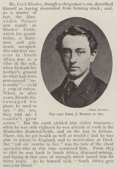 De Wijlen Cecil J Rhodes in 1867 door English Photographer