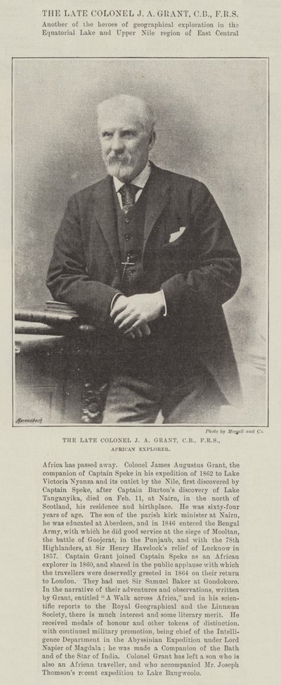 De overleden Kolonel J A Grant, CB, FRS, Afrikaanse Ontdekkingsreiziger door English Photographer