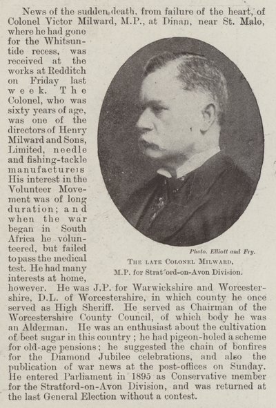 De overleden Kolonel Milward, MP voor de Stratford-on-Avon Divisie door English Photographer