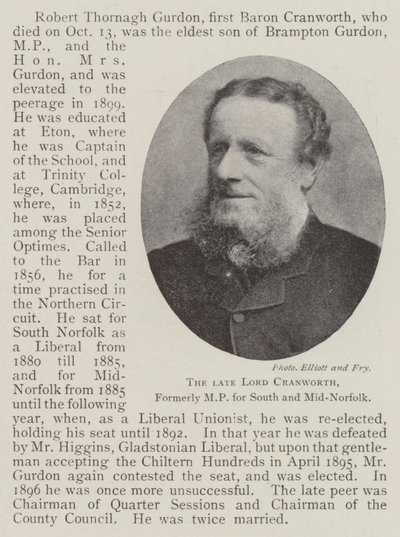 De overleden Lord Cranworth, voormalig parlementslid voor Zuid- en Midden-Norfolk door English Photographer