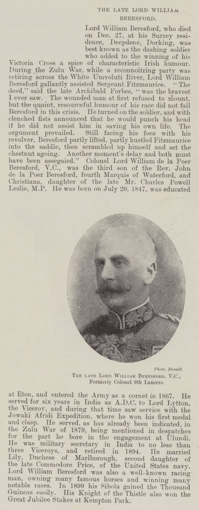 De wijlen Lord William Beresford, VC, voormalig kolonel van de 9e Lancers door English Photographer