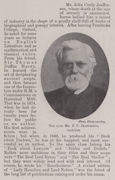 De overleden Mr J C Jeaffreson, Archivaris door English Photographer