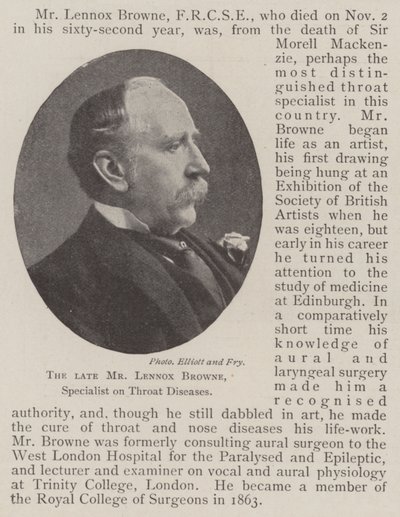De overleden Mr Lennox Browne, specialist in keelziekten door English Photographer