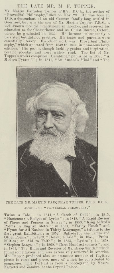 De wijlen de heer Martin Farquhar Tupper, FRS, DCL, auteur van Proverbial Philosophy door English Photographer