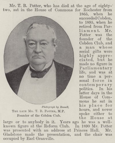 De overleden Mr T B Potter, MP, oprichter van de Cobden Club door English Photographer