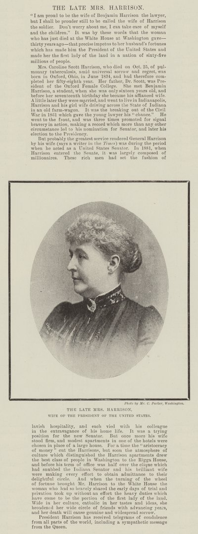 De overleden Mrs. Harrison, vrouw van de president van de Verenigde Staten door English Photographer