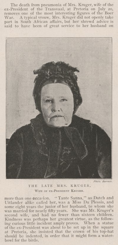 De Wijlen Mevrouw Kruger, Echtgenote van Ex-President Kruger door English Photographer