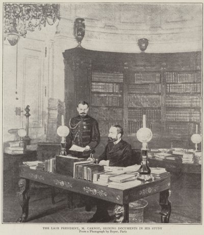 De overleden president, Mr Carnot, ondertekent documenten in zijn studeerkamer door English Photographer