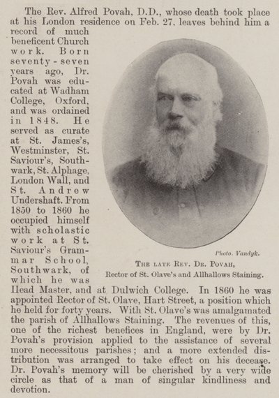 De overleden eerwaarde Dr Povah, rector van St Olaves en Allhallows Staining door English Photographer